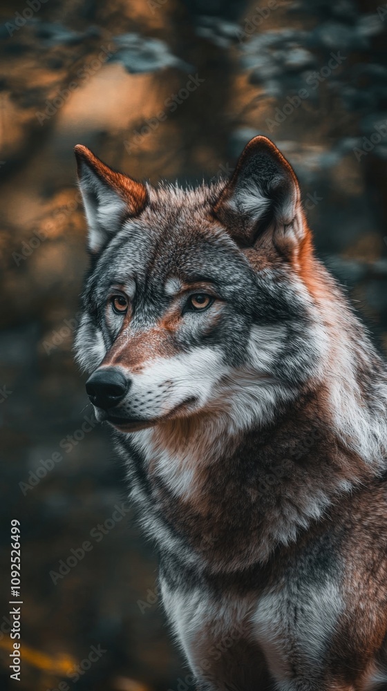 Fototapeta premium A wolf stands gracefully in a forest setting, its thick fur illuminated by warm sunlight. The intricate patterns of its coat are highlighted, showcasing natural beauty in a serene moment.