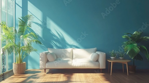 Minimalist living room with a light sofa, wooden flooring, and decorative houseplants against an unadorned blue wall, emphasizing simplicity and natural light. photo