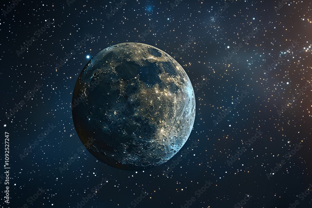 Fototapeta premium A full moon with a detailed surface against a backdrop of twinkling stars.
