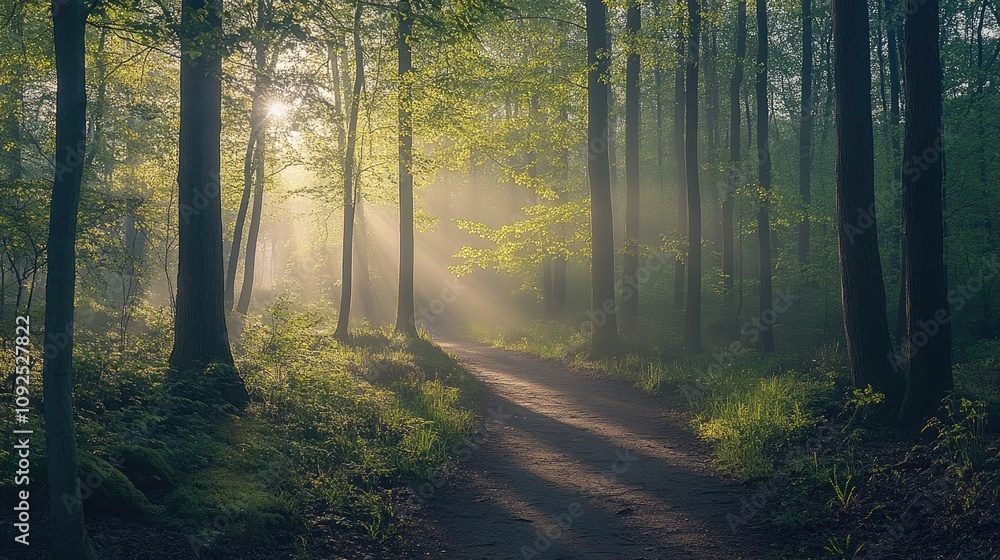 Fototapeta premium Footpath winding through a lush deciduous forest, bathed in soft morning sunlight, showcasing vibrant green trees and a tranquil, misty ambiance.