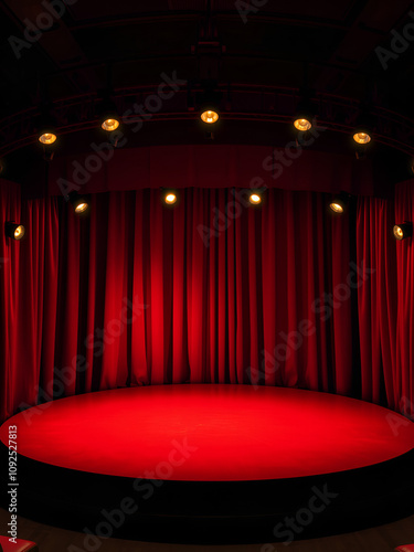 Empty round stage illuminated by spotlights with closed red curtains, waiting for the beginning of a performance in a vintage cabaret