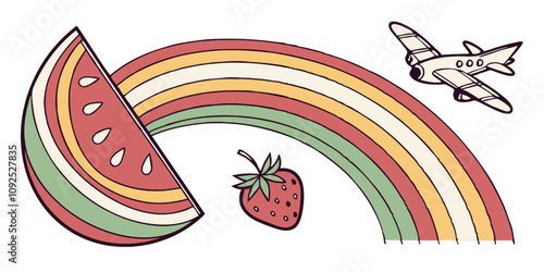 Vector Sweet Dreams Take Flight: A whimsical illustration of a watermelon, strawberry, and airplane soaring through a vibrant rainbow, symbolizing a playful journey of imagination and sweet escapism.