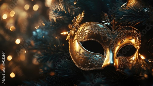 Elegant gold mask set against a dark festive background adorned with soft lights, perfect for holiday greeting card designs and creative advertising spaces. photo