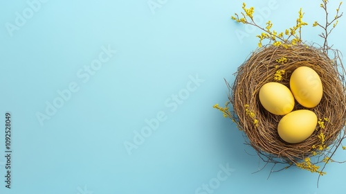 Golden Easter eggs placed in a decorative bird's nest adorned with yellow flowers, set against a soft blue background, perfect for a cheerful Easter theme. photo