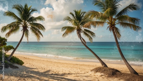 Beach paradise with swaying palm trees, turquoise water, and golden sand