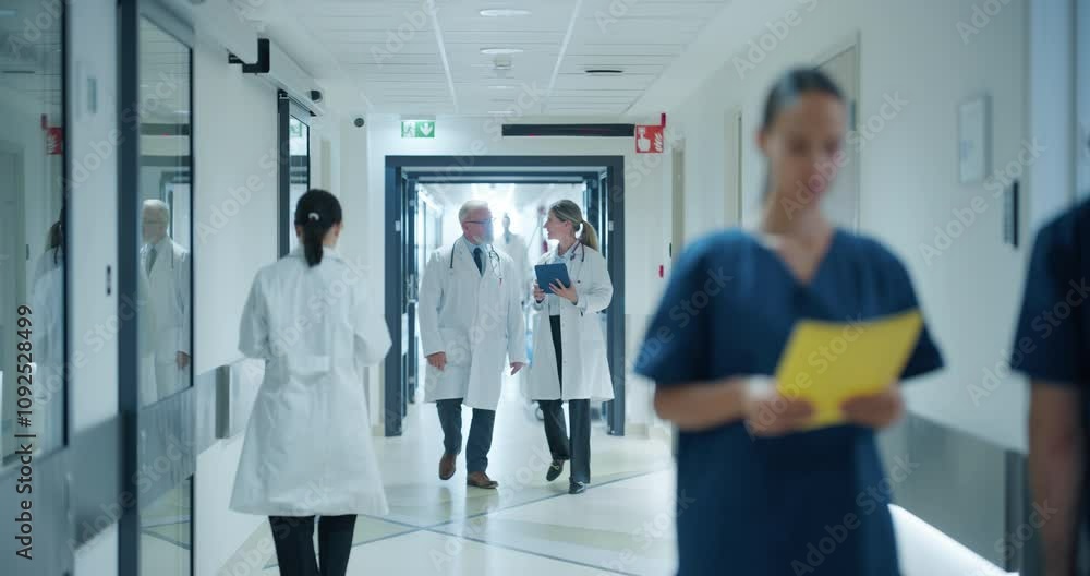 Portrait of a Senior Caucasian Male Doctor and Female General Practitioner Using Tablet Computer, Discussing Patient Care while Walking Through a Hospital Corridor Together. Slow Motion Footage Portrait of a Senior Caucasian Male Doctor and Female General Practitioner Using Tablet Computer, Discussing Patient Care while Walking Through a Hospital Corridor Together. Slow Motion Footage