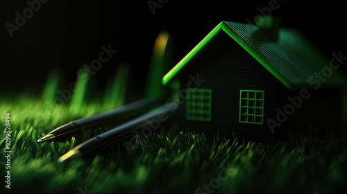 Illustration of greenwashing featuring green and black pens next to a plastic house, highlighting deceptive marketing in sustainability claims. photo