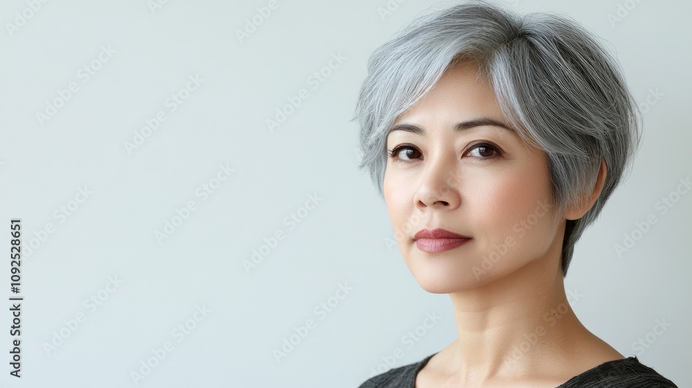 Fototapeta premium Confident middle-aged woman with short silver hair gazes at the camera, embodying themes of beauty and skincare against a light background.