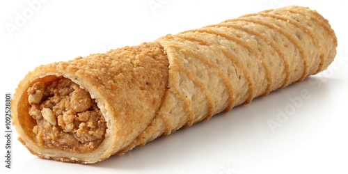 Crispy pastry strip wrapped around a cylindrical filling of crackling mixture, savory treat, crispy pastry, flaky crust, baked good