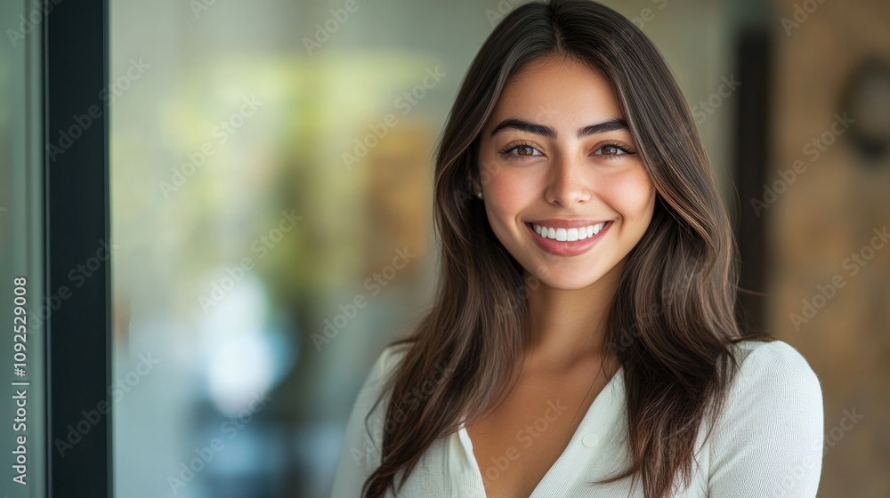 Naklejka premium Confident woman in casual attire exuding warmth with a broad smile, showcasing her vibrant personality in a light-filled environment.