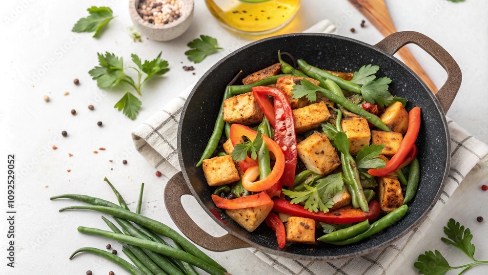 A sizzling pan with stir-fried tofu, green beans, and sliced bell peppers, garnished with fresh herbs, steaming hot, healthy meal A sizzling pan with stir-fried tofu, green beans, and sliced bell peppers, garnished with fresh herbs, steaming hot, healthy meal