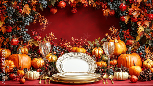 Autumn table setting with white plate, decorations of pumpkins, acorns, and fall branches on a red background. Thanksgiving dinner concept.