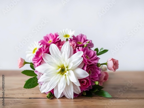 Wallpaper Mural A stunning bouquet of fresh flowers arranged on a simple wooden table with blurred background, foliage, decorative, soft focus Torontodigital.ca