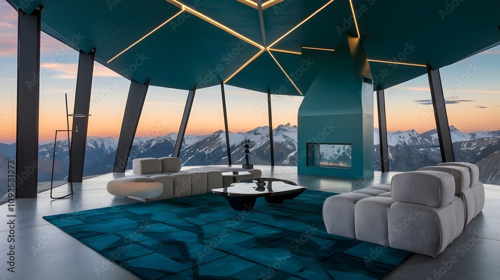 Fototapeta premium Futuristic Mountaintop Villa Sitting Room: Luxurious Design Meets Panoramic Landscape with Dramatic angular ceiling in deep teal with geometric patterns and hidden LED lighting