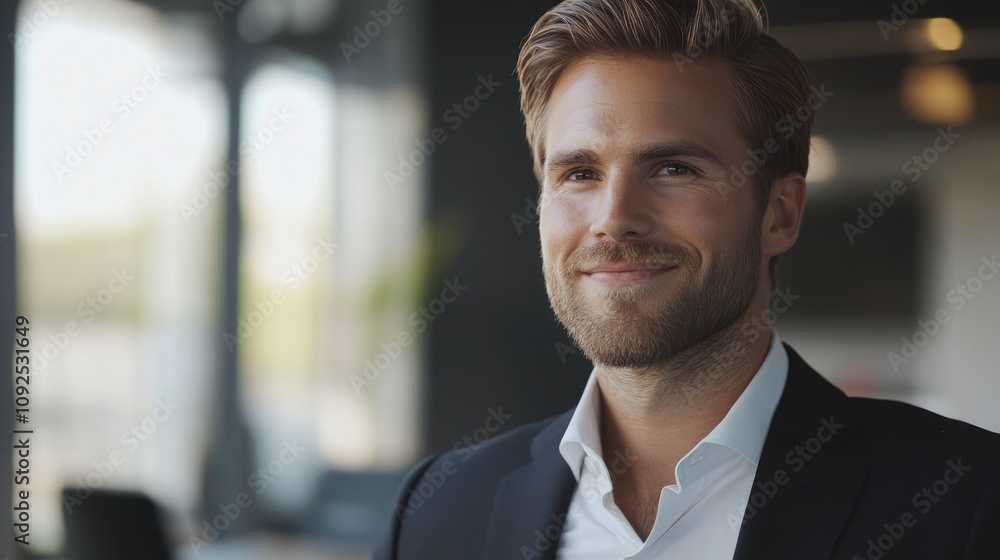Confident young business leader smiling with a relaxed expression in an office environment, exuding professionalism and warmth. Confident young business leader smiling with a relaxed expression in an office environment, exuding professionalism and warmth.