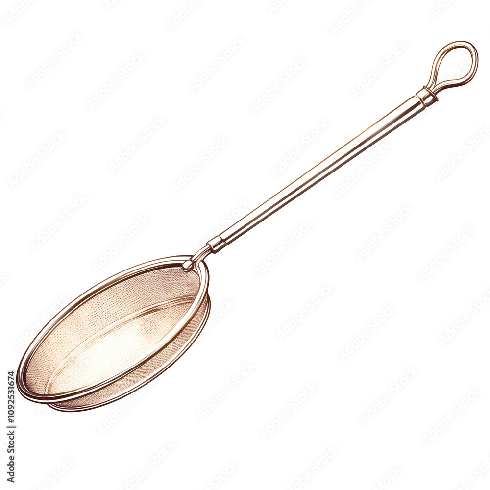 metal sieve with long handle is isolated on white background, showcasing its fine mesh and elegant design. This kitchen tool is essential for straining and sifting ingredients metal sieve with long handle is isolated on white background, showcasing its fine mesh and elegant design. This kitchen tool is essential for straining and sifting ingredients