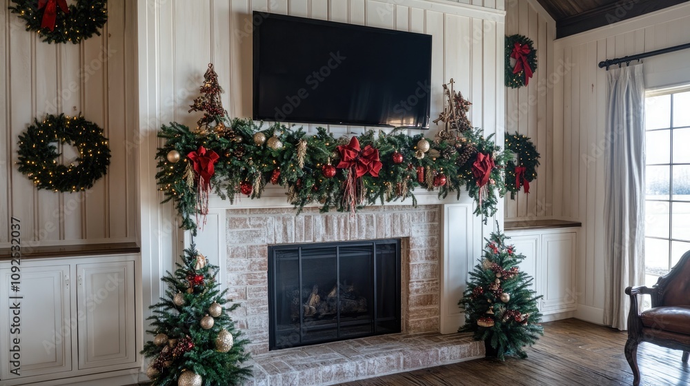 Elegant fireplace decorated with lush holiday garlands, wreaths, bows, and festive accents, creating a cozy seasonal atmosphere. Elegant fireplace decorated with lush holiday garlands, wreaths, bows, and festive accents, creating a cozy seasonal atmosphere.