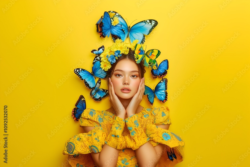 Fototapeta premium Closeup of calm and thoughtful woman in yellow patterned dress surrounded by blue butterflies and yellow flowers on a vibrant yellow background