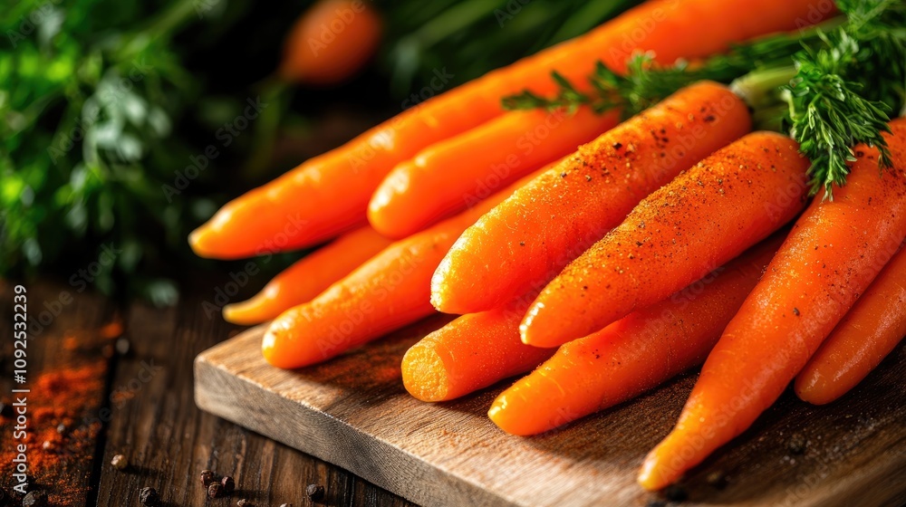 Freshly harvested vibrant orange carrots arranged on a rustic wooden cutting board surrounded by green herbs, ideal for healthy soup preparation. Freshly harvested vibrant orange carrots arranged on a rustic wooden cutting board surrounded by green herbs, ideal for healthy soup preparation.