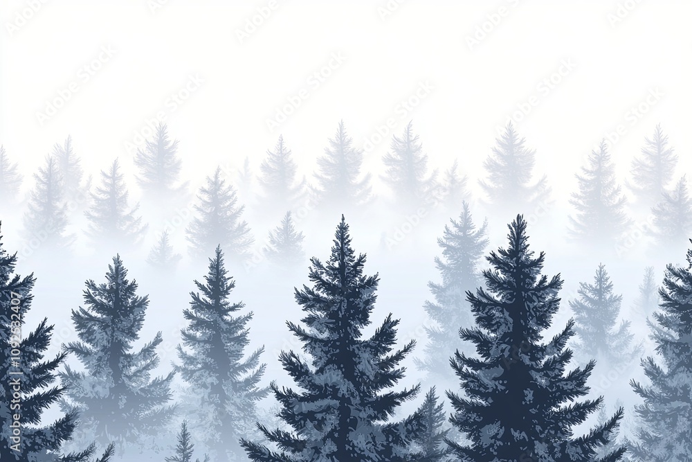 Fototapeta premium A misty, wintery forest scene with tall pine trees shrouded in fog. The image is perfect for use in winter-themed designs, backgrounds, or illustrations.