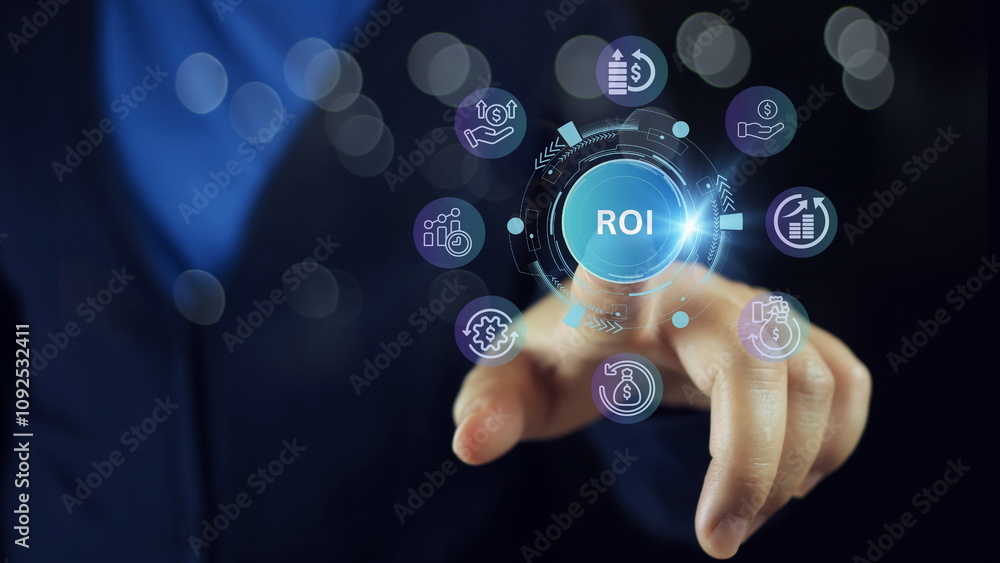ROI and financial growth analysis, return on investment concept with business metrics, digital interface with profit increase, finance and investment strategy, business goal setting and achievement ROI and financial growth analysis, return on investment concept with business metrics, digital interface with profit increase, finance and investment strategy, business goal setting and achievement
