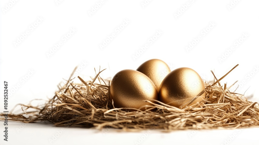 Golden Easter eggs resting in a nest of straw against a clean white background, showcasing a festive and elegant holiday theme. Golden Easter eggs resting in a nest of straw against a clean white background, showcasing a festive and elegant holiday theme.