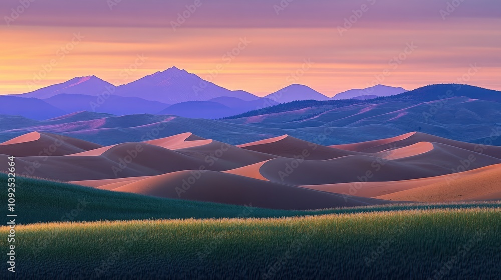 Vast rolling dunes illuminated by a warm sunset glow, with distant mountain silhouettes creating a stunning horizon backdrop. Vast rolling dunes illuminated by a warm sunset glow, with distant mountain silhouettes creating a stunning horizon backdrop.