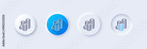 Coins line icon. Neumorphic, Blue gradient, 3d pin buttons. Cash money sign. Business income symbol. Line icons. Neumorphic buttons with outline signs. Vector photo