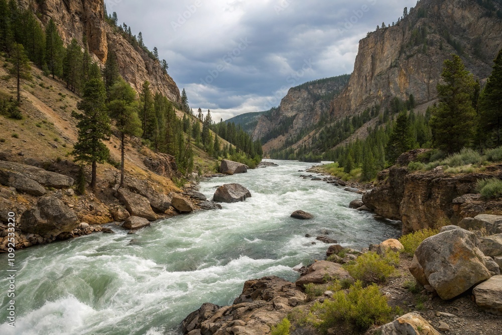 Fototapeta premium Fast-moving river through rocky terrain, Turbulent Water, Rock Formations, Natural Beauty, Nature's Fury