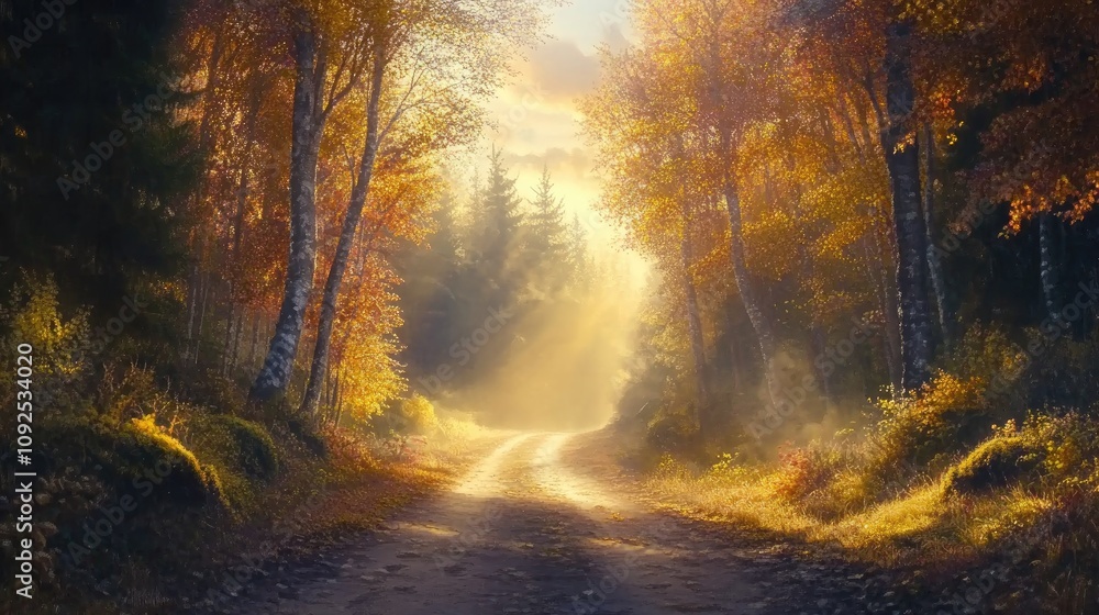 Obraz premium Serene forest road winding through vibrant autumn trees with golden sunlight streaming down, creating a warm and inviting atmosphere.