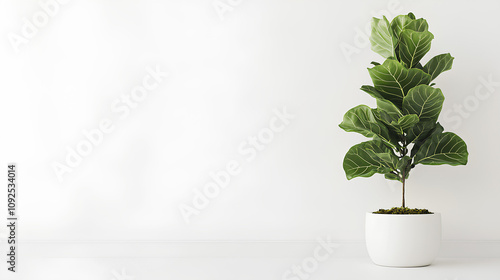 Ficus Lyrata or Fiddle leaf fig grown in a white Pot, Modern indoor plant isolated on a white background