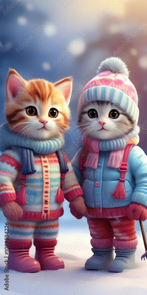 Adorable kittens crafting a snowman in a festive knitted ensemble, perfect for Christmas cheer in cartoon style.