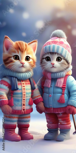 Obraz na płótnie Adorable kittens crafting a snowman in a festive knitted ensemble, perfect for Christmas cheer in cartoon style. w salonie