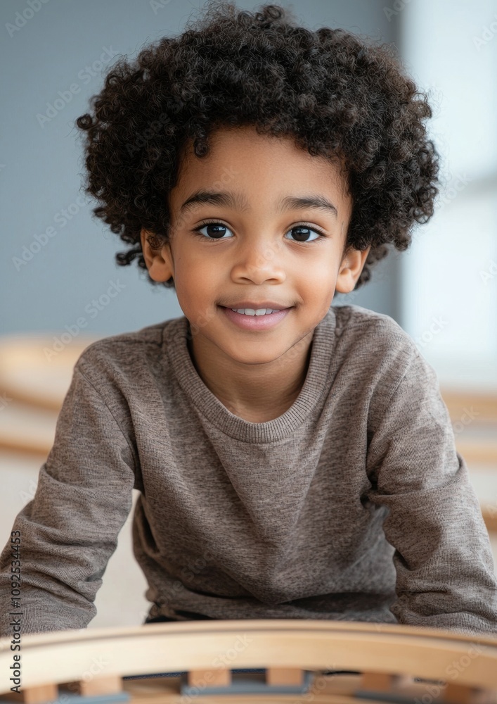 Fototapeta premium A young boy with curly hair is smiling and wearing a brown sweater