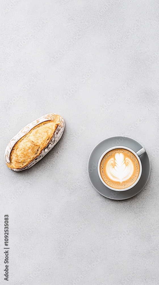 A blend of cappuccino and artisan bread on a sleek surface, styled with delicate lighting and a contemporary feel A blend of cappuccino and artisan bread on a sleek surface, styled with delicate lighting and a contemporary feel