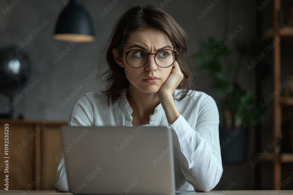 Woman in glasses and a white shirt is sitting at the table with their laptop, looking into it but not understanding what they see on the screen of the modern computer.