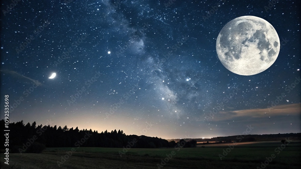 A vast starry sky with a large bright moon hanging low in the horizon, stargazing, nocturnal, cosmos, space A vast starry sky with a large bright moon hanging low in the horizon, stargazing, nocturnal, cosmos, space