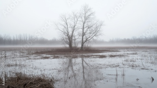 Wallpaper Mural Fog envelops a desolate marshland under a soft spring twilight, featuring a lone tree silhouetted against the misty, reflective water's surface. Torontodigital.ca