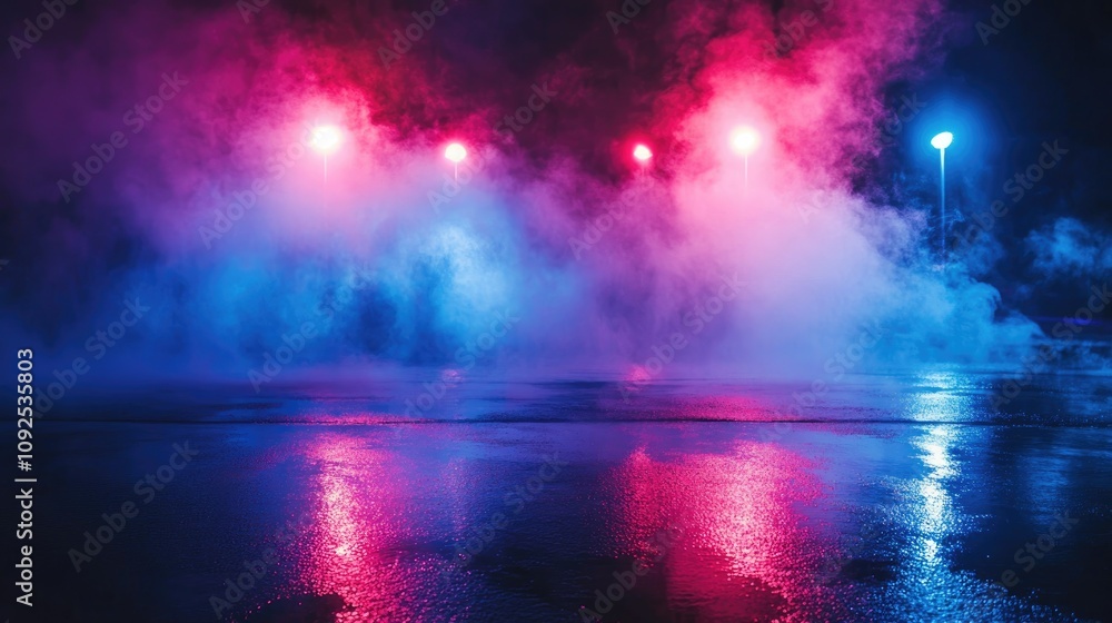 Neon-lit nighttime scene with colorful spotlights and smoke reflecting on wet asphalt, creating a mesmerizing mirrored surface. Neon-lit nighttime scene with colorful spotlights and smoke reflecting on wet asphalt, creating a mesmerizing mirrored surface.