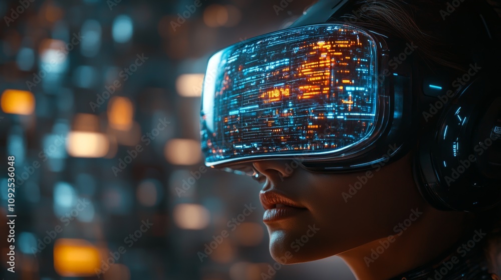 Futuristic Woman in Virtual Reality Headset Experiencing Immersive Digital Environment Surrounded by Neon Lights and High-Tech Interfaces Futuristic Woman in Virtual Reality Headset Experiencing Immersive Digital Environment Surrounded by Neon Lights and High-Tech Interfaces