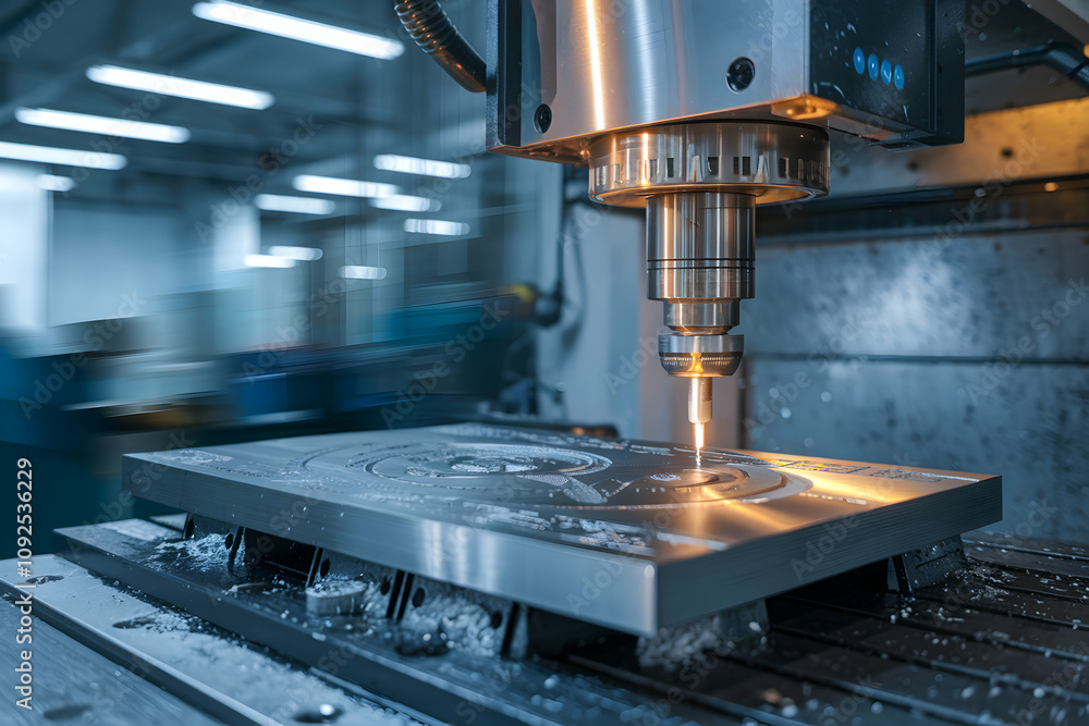 CNC milling machine cuts metal plate with detailed etchings in a factory setting. CNC milling machine cuts metal plate with detailed etchings in a factory setting.