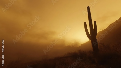 Misty Desert Sunrise with Silhouetted Cactus Landscape