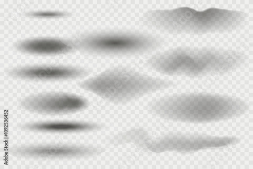 Different realistic round shadow, soft shapes on transparent background. Gray circular and ellipse shadows set. Vector illustration.