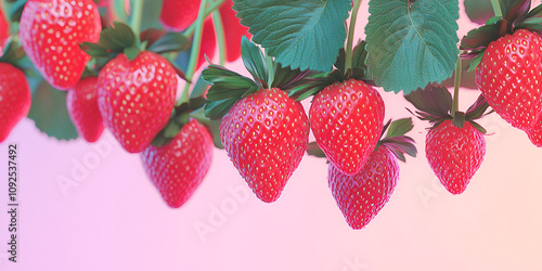 Bunch of Red Strawberries Hanging from Green Plant with Blurred Background photo