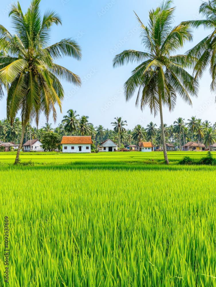 Fototapeta premium Lush green rice fields surrounded by tall palm trees and traditional houses under a clear blue sky, illustrating tropical rural beauty in Asia..