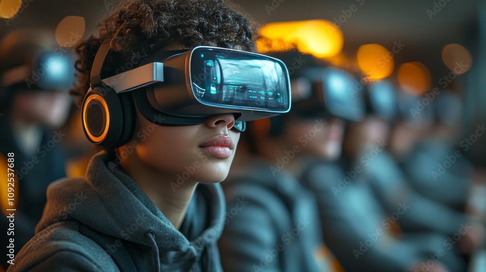 Young Individual Engaged in Virtual Reality Experience at a Technology Event, Immersed in Digital Environment, with Fellow Participants in Background, High-Tech Atmosphere Young Individual Engaged in Virtual Reality Experience at a Technology Event, Immersed in Digital Environment, with Fellow Participants in Background, High-Tech Atmosphere
