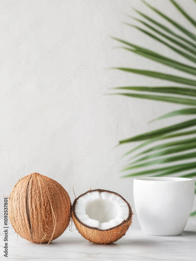 Whole and halved coconuts placed on a white background with palm fronds, representing tropical minimalism and natural beauty for eco-friendly or food visuals.. Whole and halved coconuts placed on a white background with palm fronds, representing tropical minimalism and natural beauty for eco-friendly or food visuals..