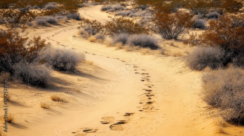 Serene Desert Pathway with Footprints Amidst Golden Sands