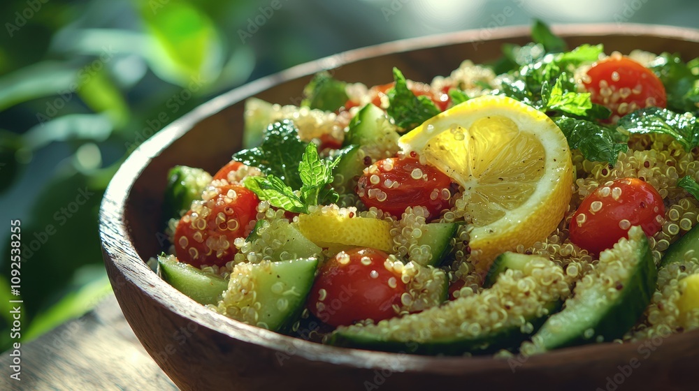 Quinoa salad with avocado, cherry tomatoes, cucumber, and lemon vinaigrette. Quinoa salad with avocado, cherry tomatoes, cucumber, and lemon vinaigrette.