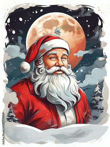 Retro Santa Claus T-shirt: Abstract Christmas Logo with Snow, Moon, and Oil Colors on White Background